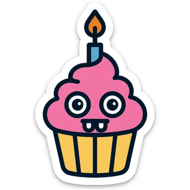 A cupcake with pink frosting, big eyes, two teeth, and a lit candle on top sticker