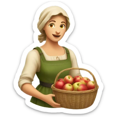 A European rural woman holds a basket of apples in her hand sticker