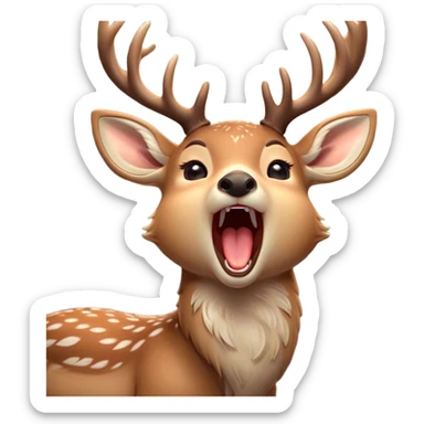 Cinematic Cute Yawning Deer Portrait Emoji, Head tilted slightly with a dramatic, wide-open yawn, revealing a soft, dappled Fur and elegantly drooping ears, eyes barely open in drowsy contentment, Simplified yet irresistibly adorable features, highly detailed, glowing with a soft, cozy glow, high shine, relaxed yet expressive, stylized with a touch of natural whimsy, bright and endearing, soft glowing outline, capturing the essence of a sleepy yet affectionate deer, so drowsy it feels like it could stretch right out of the screen and curl up for a nap! sticker