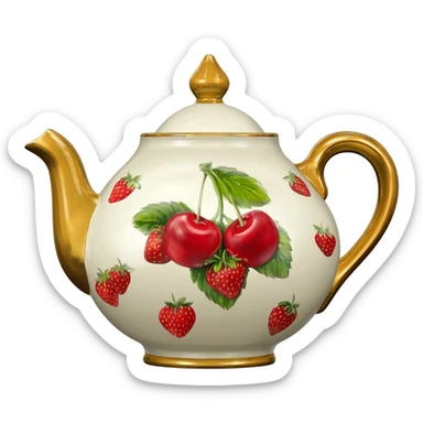 A Vintage luxurious Tea pot that features a cherries & strawberries detailed colorful pattern print, main color of pot is off white, realistic gold edging isolated, 3D rendering,, 8k, 600 dpi. No emoji icons no emoji faces no human figures  sticker