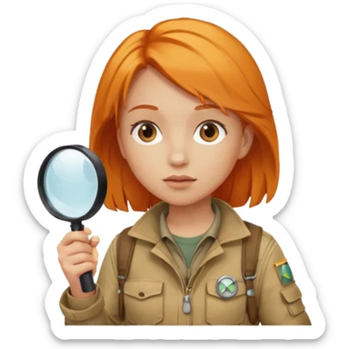 braid orange haired girl in explorer outfit, holding magnifying glass sticker