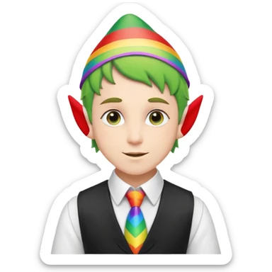 elf in black vest having rainbow tie sticker