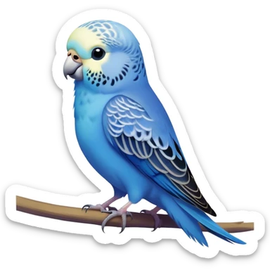 Cinematic Noble Blue Budgie Portrait Emoji, Poised and regal, with a petite, delicate build and a smooth, well-groomed fur of vibrant blue feathers, deep-set soulful dark eyes, Simplified yet sharp and sophisticated features, highly detailed, glowing with a soft, dignified glow, high shine, intelligent and charming, stylized with an air of elegance, focused and attentive, soft glowing outline, capturing the essence of a watchful and confident avian companion, so majestic it feels as though it could flutter out of the screen with effortless authority! sticker