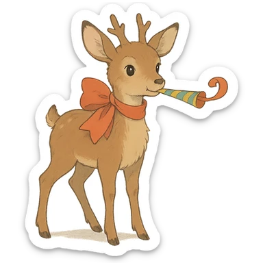 deer with ribbon scarf holding birthday horn in soft Ghibli style sticker