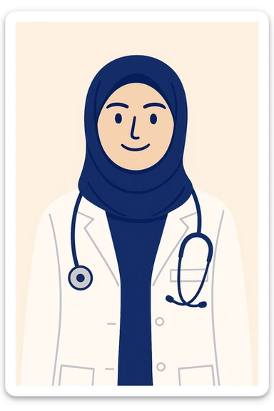Make the hijabi a doctor, modern and friendly appearance with a simple background. Focus on a clean and approachable look. sticker