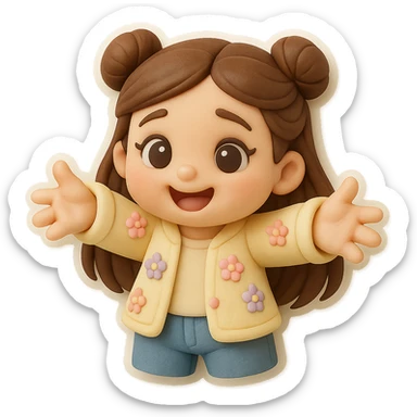 3D chibi fondant cake art style, high-quality rendering with smooth shadows and soft gradients. Girl based on reference image with long brown hair in two space buns, brown eyes, jeans, pastel floral cardigan, thick white outline like a sticker, transparent background. Reaching out both arms for a joyful hug. Ensure the face and hairstyle match the reference exactly. sticker
