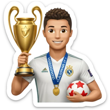 Cristiano Ronaldo holfing the champions league with noodle hair sticker