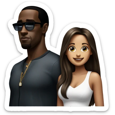 brunette girl standing next to p diddy sticker