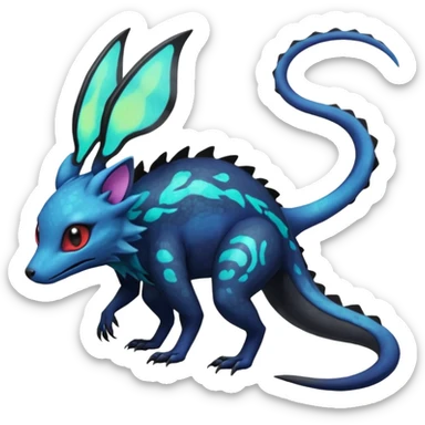 Rare epic aesthetic iridescent bioluminescent spooky gloomy colorful Salandit-Noibat-Eevee-Genet-species-Fakemon-hybrid-creature, with markings, full body sticker