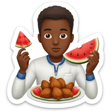 a black guy eatting fried chicken with watermelon sticker