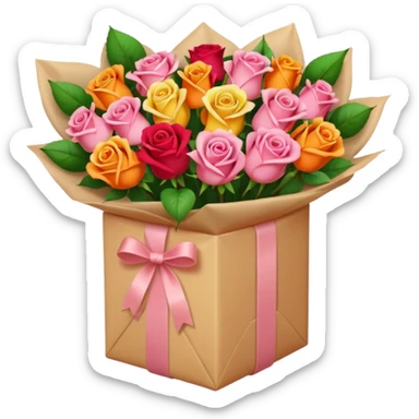 light pink Bouquet of red orange pink yellow roses in package sticker