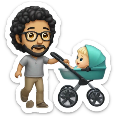 Black haired man with beard and glasses pushing buggy with blonde baby sticker