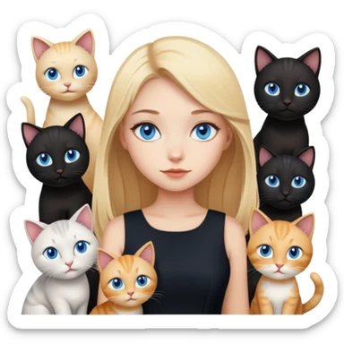 blonde girl with blue eyes zodiac  in black dress with different cats sticker