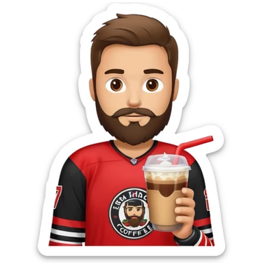 hockey player with a beard with iced coffee wearing black and red jersey  sticker