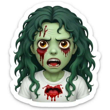 a zombie with long curly black hair volumoso, brown eyes, a white t-shirt and a splash of blood on her t-shirt, mouth open like a zombie, green skin color, not much expression, no drawing on shirt, no hands showing, less blood on her face, less blood, black hair and black eyes sticker