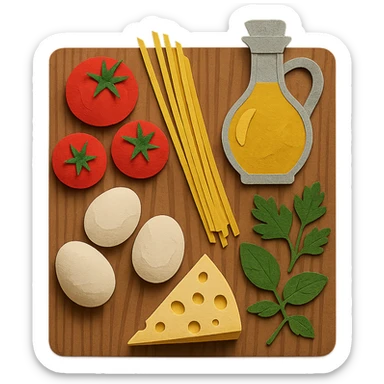 A realistic top-down view of a wooden kitchen table with various common ingredients neatly arranged (like tomatoes, pasta, eggs, cheese, herbs, olive oil). The background should be dark and soft to match a modern app interface. Lighting should highlight the ingredients naturally, with soft shadows. No text, no hands, minimalistic but warm and homely, like a mobile UI background for a cooking app. sticker