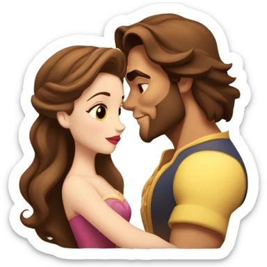 Belle with brown hair from beauty and the beast kissing the beast and the beast looks like he does in the movie  sticker