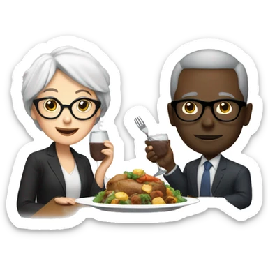 Gray hair white woman with glasses eating dinner with black man with gray short hair with glasses  sticker