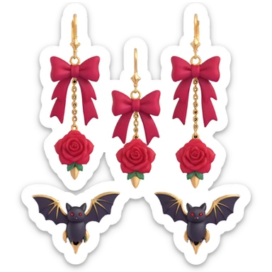 gothic earrings with crimson velvet bows, gold bat charms, deep red rose accents, dramatic and gothic style sticker