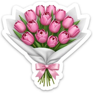 Bouquet of pink flower like tulips and rose and peony wrapped in white paper sticker