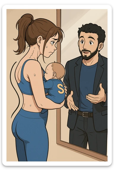 ispirati a questo stile di disegno e fai questa immagine in versione manga/webtoon a colori, il manga mostra la donna che si guarda alla specchio preoccupata di profilo con la postura sbagliata e incurvata, spalle chiuse e curve in avanti, con un neonato in braccio con una tutina azzurra e la scritta "S" sulla schiena, spina dorsale storta della donna in evidenza mentre al suo fianco anche l'uomo guarda la donna riflessa nello specchio e le spiega una cosa, ma non fare i fumetti, fai come se stessero parlando sticker