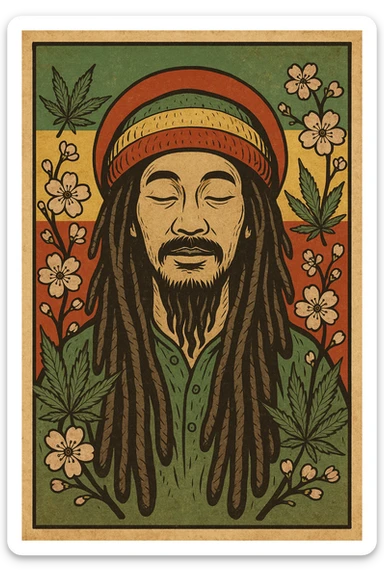 Vintage poster of an Asian Rasta with long dreadlocks, peaceful eyes, and a red-gold-green tam. Surrounded by cherry blossoms and ganja leaves. Background blends Rasta colors into an Asian flag (e.g., red sun from Japan or Chinese star). Retro reggae fusion vibe, with bold lines and aged paper texture.
 sticker