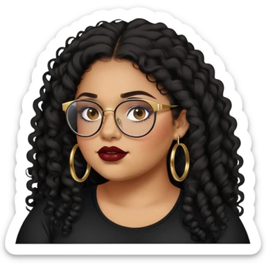 teen big plus size, latina, darker tan skin, gold hoops, long black curly hair, baddie,pretty, makeup, dark red lipgloss, black eyeliner, long hair, black shirt, black glasses sticker