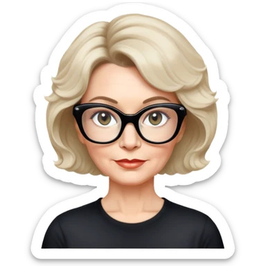 white woman about 50 years old with light warm skin, wide face, wavy black neck-length 80s short hair, low volume, neutral expression, large black shiny butterfly or cat-eye glasses, white casual t-shirt sticker