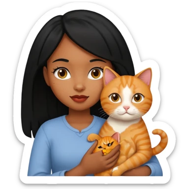Black girl with black hair holding ginger cat sticker