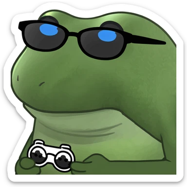 bufo with triangle shaped 8 bit sunglasses full black, confident smile, with a mini full dark powerful orb in his hand sticker