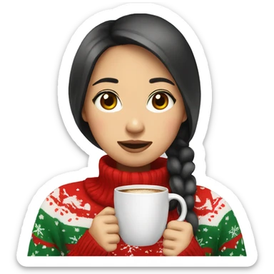 asian girl drinking coffee wearing Christmas sweater sticker