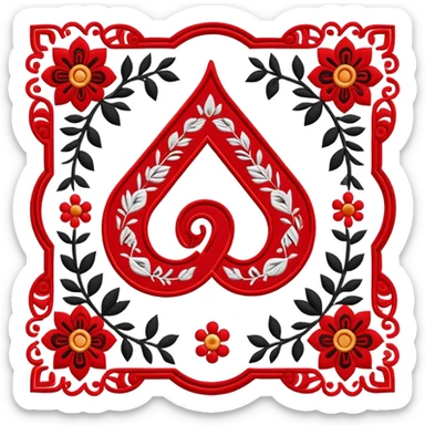 Stylized ruble sign (₽) with Udmurt traditional embroidery patterns, ethnic geometric decoration, red black and white colors sticker