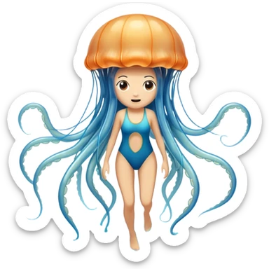 dangerous jellyfish with long stinging tentacles approaching a swimmer in the ocean sticker