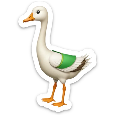 "Emoji of a white running goose with a very long neck and two legs. The goose wears bright green suspenders." sticker