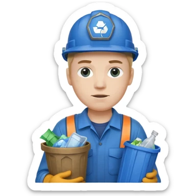 blue garbage man with blue helmet holding garbage  sticker