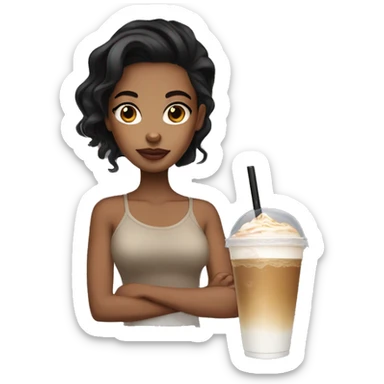light brown skin girl with black hair with iced coffee sticker