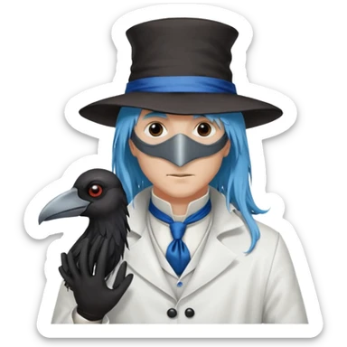 Plague Doctor with light-blue beautiful hair, handsome sexy, long hair tendril bangs down on the sides, white lab coat, blue cravat, black feathers on shoulder, raven companion, black gloves, red eyes sticker