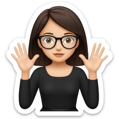 a cute white brunette girl in a black dress wearing glasses  with two hands  sticker