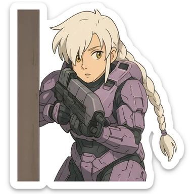 female, wearing reach spartan armor default, long white braid hair with massive messy front side single bangs, gold yellow eyes, attention pose, HALO:series, no helmet, the armor is lavender color scheme, shoulder pad off. DDD bust size fitting. Punk gothic cyberpunk, peeking around a corner while aiming a classic HALO1 AR sticker