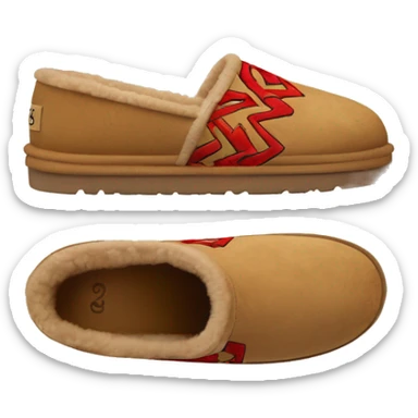 Ugg Camel slip-on slippers. A thin red zig-zag circling on cuff, and a high chunky thick platform sole. sticker