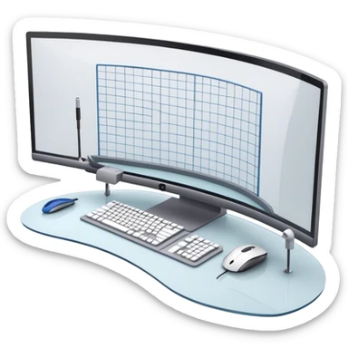 Create an emoji for 3D visualization and modeling. Show a 3D object like room model with grid lines on a big curved monitor. Add a modeling tool a mouse and stylus. Use modern, professional colors. Do not include any emojis or smiley faces. Make the background transparent. sticker