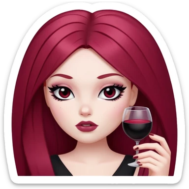 straight long wine red hair, pale skin, dark black eyes, pretty bratz baddie, black eyeliner, blush sticker