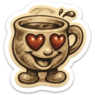 Ink wash style, coffee cup creature, big heart eyes, dopey smile sticker