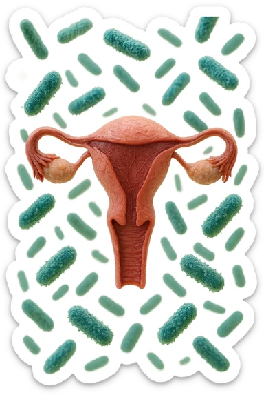 batteri intestinali fluttuano intorno ad un utero umano anatomico, iperrealistico 4k sticker