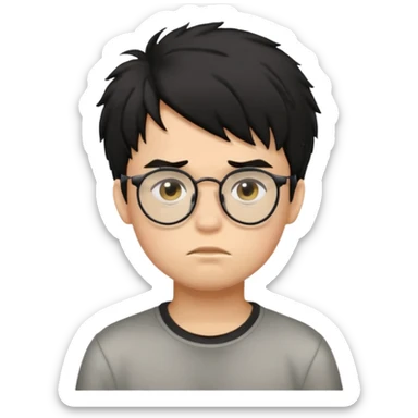 
young boy, 18 years old, messy black hair, glasses, sad face emoji sticker