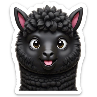 Cinematic Comical Black Alpaca Portrait Emoji, Head tilted dramatically with an exaggeratedly amused expression, featuring a striking jet-black fleece with playful texture, wide, expressive dark eyes filled with playful disbelief, Simplified yet hilariously expressive features, highly detailed, glowing with a slightly sassy glow, high shine, dramatic yet playful, stylized with an air of cheeky mischief, bright and endearing, soft glowing outline, capturing the essence of a spirited and over-the-top alpaca, so meme-worthy it feels like it could side-eye its way into internet fame instantly! sticker