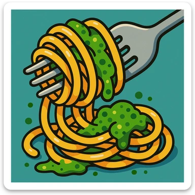 spaghetti twirled on a fork with green pesto, close-up, playful style sticker