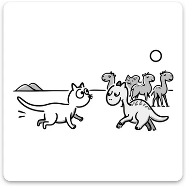 A white cat chasing a T-Rex in the desert with a herd of camels staring at them sticker