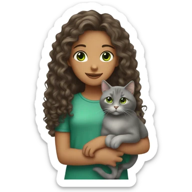 Long Curly hair girl with brown eyes holding a grey cat with green eyes sticker