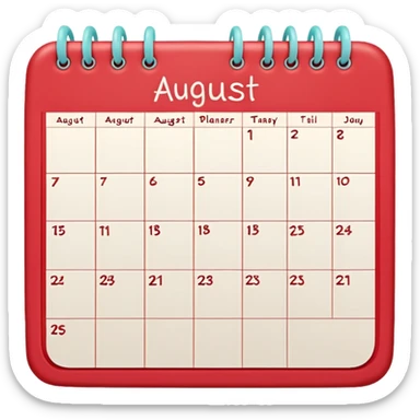 a monthly calendar labeled “August,” with rounded square date boxes, scalloped border frame, playful red doodle lines, and a cozy planner vibe. Minimal kawaii style, flat pastel color palette, slightly imperfect sketch lines, centered object, no background sticker